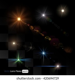 Lens flare light ray glow glowing sparkle photography atmosphere effect on transparent background multicolor set. Creative design template stuff collection.