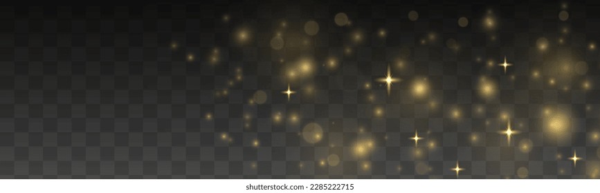 Lens flare light sparkle, shiny glittering glow stars. Sparkling magical dust particle. Yellow sparks glitter special blur bokeh effect. Defocused Christmas background. Star burst gold sparkles vector