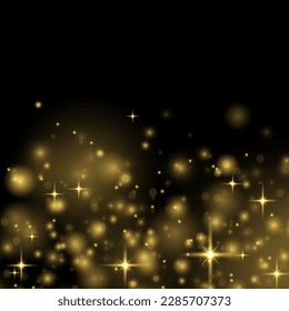 Lens flare light sparkle, shiny glittering glow stars. Sparkling magical dust particle. Yellow sparks glitter special blur bokeh effect. Defocused Christmas background. Star burst gold sparkles vector