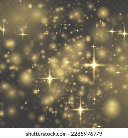 Lens flare light sparkle, shiny glittering glow stars. Sparkling magical dust particle. Yellow sparks glitter special blur bokeh effect. Defocused Christmas background. Star burst gold sparkles vector