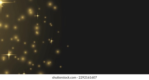Las estrellas brillantes brillantes brillan con luz de la lente. Partícula mágica de polvo que esparce. Las chispas amarillas brillan con un efecto especial de borrón. Desenfocó el fondo de Navidad. Vector de destellos de oro de explosión de estrella