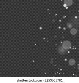 Lens flare light sparkles or shiny glittering glowing stars for design. Abstract lights blur bokeh effect. Defocused Xmas white sparks dust. Blurred star sparkles on transparent background. Vector.