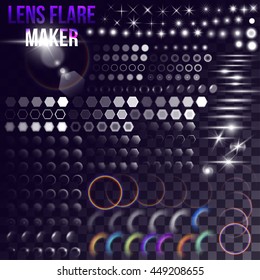 Lens flare maker - big set of lighting elements. Circles, rings, hexagons, rainbow halo, spaceship bursts, simple stars on transparent background.