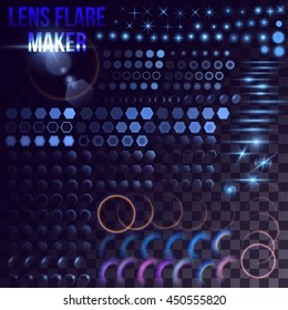 Lens flare maker - big set of blue lighting elements. Circles, rings, hexagons, rainbow halo, spaceship bursts, simple stars on transparent background. Release clipping mask for work.