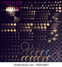 Lens flare maker - big set of golden lighting elements. Circles, rings, hexagons, rainbow halo, spaceship bursts, simple stars on transparent background. Release clipping mask for work.