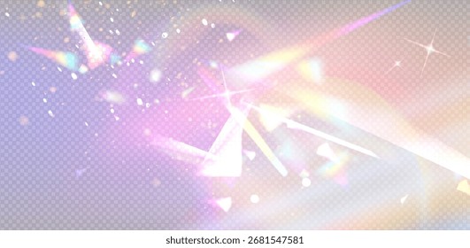 Lens flare with prism light effect on gradient background, rainbow colors and sparkles for optical design. Iridescent refraction patterns with star bursts and soft glowing rays for creative projects.