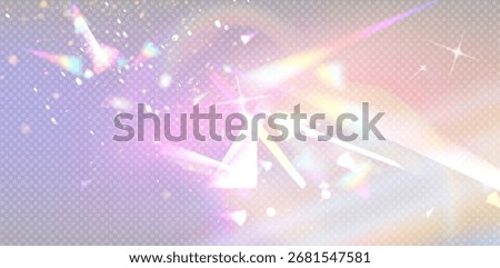 Lens flare with prism light effect on gradient background, rainbow colors and sparkles for optical design. Iridescent refraction patterns with star bursts and soft glowing rays for creative projects.