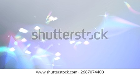 Lens flare with prism light effect on gradient background, rainbow colors and sparkles for optical design. Iridescent refraction patterns with star bursts and soft glowing rays for creative projects.