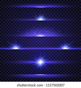 Lens flare set. Collection of blue light effects on transparent background. Glowing lights, stars and sparkles. Star burst. Flash with rays and spotlight. Vector illustration.