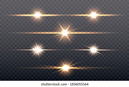 Lens flare set. Glowing light effect on transparent backdrop. Bright stars or light explodes. Sun flash collection. Bright shining collection for poster, banner, brochure. Vector illustration.