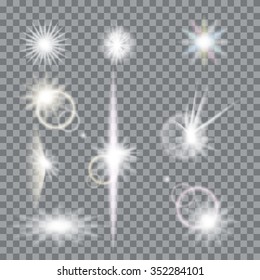 Lens flare set with transparent easy replace background and edit colors. Vector design elements Eps 10. Effects for design and decor