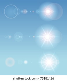 Lens flare set with transparent easy replace background and edit colors. Vector design elements Eps 10.