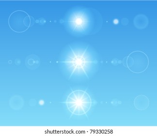 Lens flare set with transparent easy replace background and edit colors. Vector design elements Eps 10.