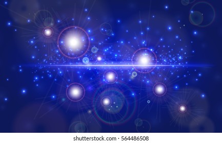 Lens flare shining blue vector background with sparkles and light effect