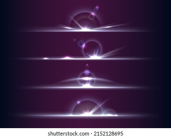 Lens flare shining borders. Realistic film highlights. Optical luminous effect. Magical glow. Light dividers with glares and bright rays. Glittering flashes. Vector