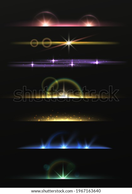 Lens flare shining borders. Realistic lights lines,\
rainbow glowing dividers, sparkle effects stripes, abstract flash,\
luminous horizons. Bright colorful glare vector isolated on black\
set