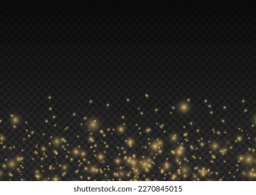 Lens flare sparkles or shiny glittering glowing stars. Sparkling magic golden dust particles. Christmas sparkl light effect, shine lights. Yellow sparks on transparent background. Vector illustration.