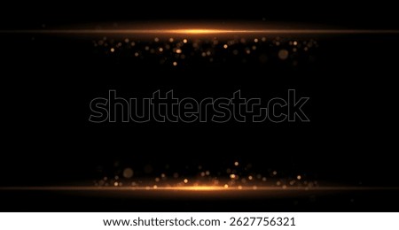 Lens flare and star rays shine in golden sky with glowing glitter explosion abstract night spark magic effect bright beam light vector background decoration