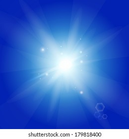 Lens flare vector background. Sun on blue sky 