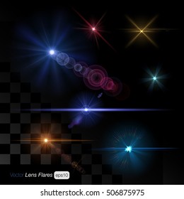 Lens flares creative multicolor template. Atmosphere effect on transparent background. Photography design effects concept.