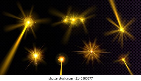 Lens flares effect, yellow light flashes isolated on transparent background. Vector realistic set of bright glare, glow of stage spotlights with beams, gleams and halo
