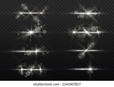 Lens flares, rays, stars and sparkles with bokeh set. Abstract silver front sun lens flare translucent special light effect design. Bright white sunflare explosion template. Vector illustration.