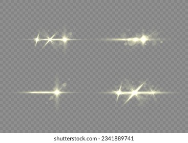 Lens flares, rays, stars, sparkles . Set of glowing light effects with transparency. Golden glitter bokeh lights and sparks. Shining star, sun particles and sparks on transparent vector background.