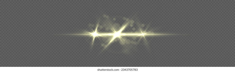 Lens flares, rays, stars, sparkles . Set of glowing light effects with transparency. Golden glitter bokeh lights and sparks. Shining star, sun particles and sparks on transparent vector background.