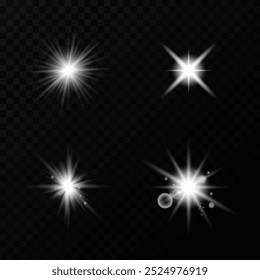 Lens flares set. Flash with rays or bokeh. Glow flare light effect. Vector illustration isolated on transparent background.