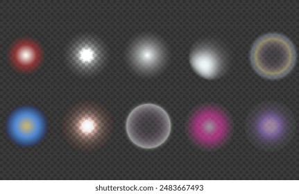 Lens flares. Set of round lighting effects. Flash. Glitter shining stars, glowing spark. Light beam. 