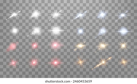 Lens flares set, sun flash with rays or spotlight and bokeh. Glow flare light effect. Vector illustration. Isolated on transparent background. 