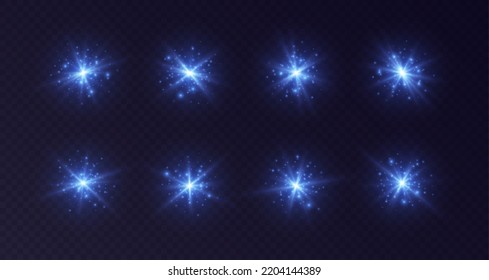 Lens flares with sparkles, blue starbursts set, shiny camera flashes. Glowing lasers with particles, transparent overlay glare effect. Magic spark with fairy dust. Vector illustration.