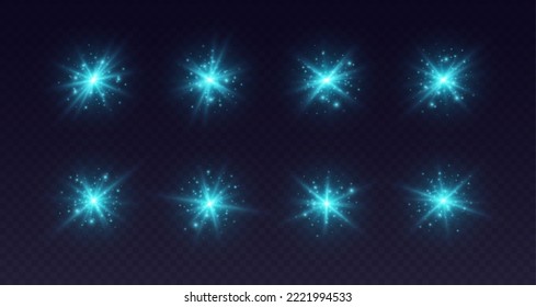 Lens flares with sparkles, blue starbursts set, shiny camera flashes. Glowing lasers with particles, transparent overlay glare effect. Magic spark with fairy dust. Vector illustration.