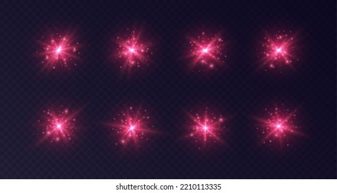 Lens flares and sparkles  red starbursts set  shiny camera flashes  Glowing lasers and particles  transparent overlay glare effect  Magic spark and fairy dust  Vector illustration 