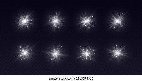 Lens flares and sparkles  white starbursts set  shiny camera flashes  Glowing lasers and particles  transparent overlay glare effect  Magic Christmas spark and fairy dust  Vector illustration 