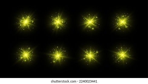 Lens flares with sparkles, yellow starbursts set, shiny camera flashes. Glowing lasers with particles, transparent overlay glare effect. Magic spark with fairy dust. Vector illustration.