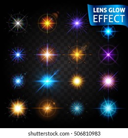 Lens glow effect. Big set of light effects on a dark background transparent. The effect of the lens, the sun glow, bright light. Set design for the Christmas and New Year