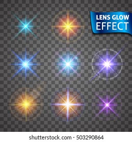 Lens glow effect. Glowing light glare, bright realistic lighting effects on a transparent background. Use design, glow for the New Year, Christmas and holidays