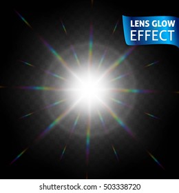 Lens glow effect. Glowing light reflections, realistic bright light effects on a dark background. Use design, glow for the holidays. Vector illustration