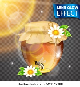 Lens glow effect. Honey, honey bank, flowers, bee, glowing effect of the sun. Bright lights, glare, lens effect. Vector illustration.
