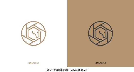 Logotipo da Lens Horse. Cabeça de Cavalo e Lente Câmera com Estilo Minimalista. Logotipo da câmera do cavalo, Ícone, Símbolo, Vetor, Inspiração do design.