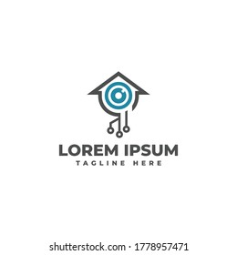 Lens with house and optical cable for technology security logo icon design