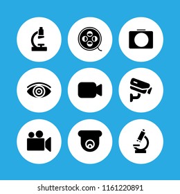 lens icon. 9 lens set with cctv, camera, focus and video camera vector icons for web and mobile app