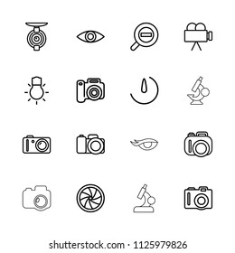 Lens icon. collection of 16 lens outline icons such as camera, camera shutter, zoom out, eye. editable lens icons for web and mobile.