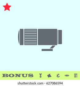 Lens icon flat. Grey pictogram on blue background. Vector illustration symbol and bonus buttons medal, cow, earth, eye, calculator
