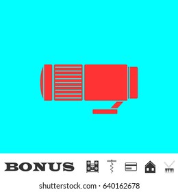 Lens icon flat. Red pictogram on blue background. Vector illustration symbol and bonus buttons Music center, corkscrew, credit card, house, drum