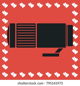 Lens icon flat. Simple black pictogram on red background with white hearts for valentines day. Vector illustration symbol