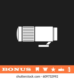 Lens icon flat. White pictogram on black background. Vector illustration symbol and bonus button tooth, vase, star, mirror, bottle