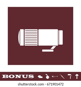 Lens icon flat. White pictogram on brown background. Vector illustration symbol and bonus icons