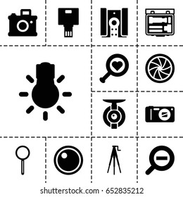 Lens icon. set of 13 filled lensicons such as magnifier, camera, camera shutter, zoom out